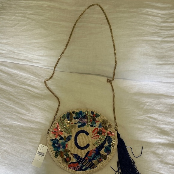 Handbags - Anthropologie Embroidered Round Beaded Bag with Gold Chain